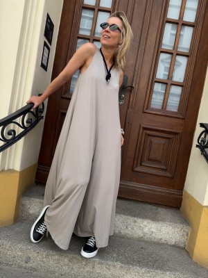 Beżowy Wiskozowy Kombinezon z szerokimi ramiączkami i nogawkami Summer Beige