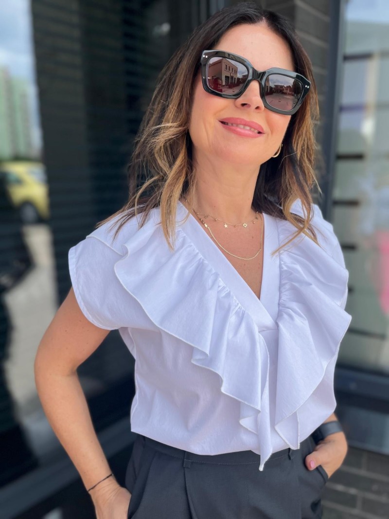 Miniatura produktu Biała Bawełniana Bluzka koszulowa z falbanką i krótkim rękawem Maroko White New