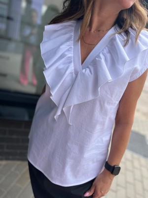 Biała Bawełniana Bluzka koszulowa z falbanką i krótkim rękawem Maroko White New