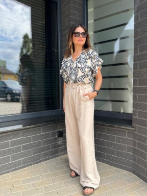 Beżowe Spodnie Culoty z prostą nogawką z wysokim stanem Light Beige&Len