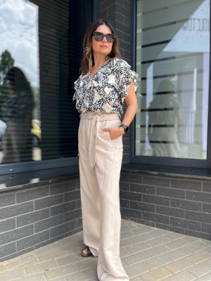 Beżowe Spodnie Culoty z prostą nogawką z wysokim stanem Light Beige&Len