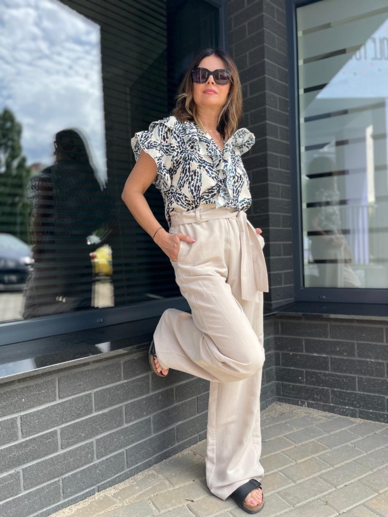 Miniatura produktu Beżowe Spodnie Culoty z prostą nogawką z wysokim stanem Light Beige&Len