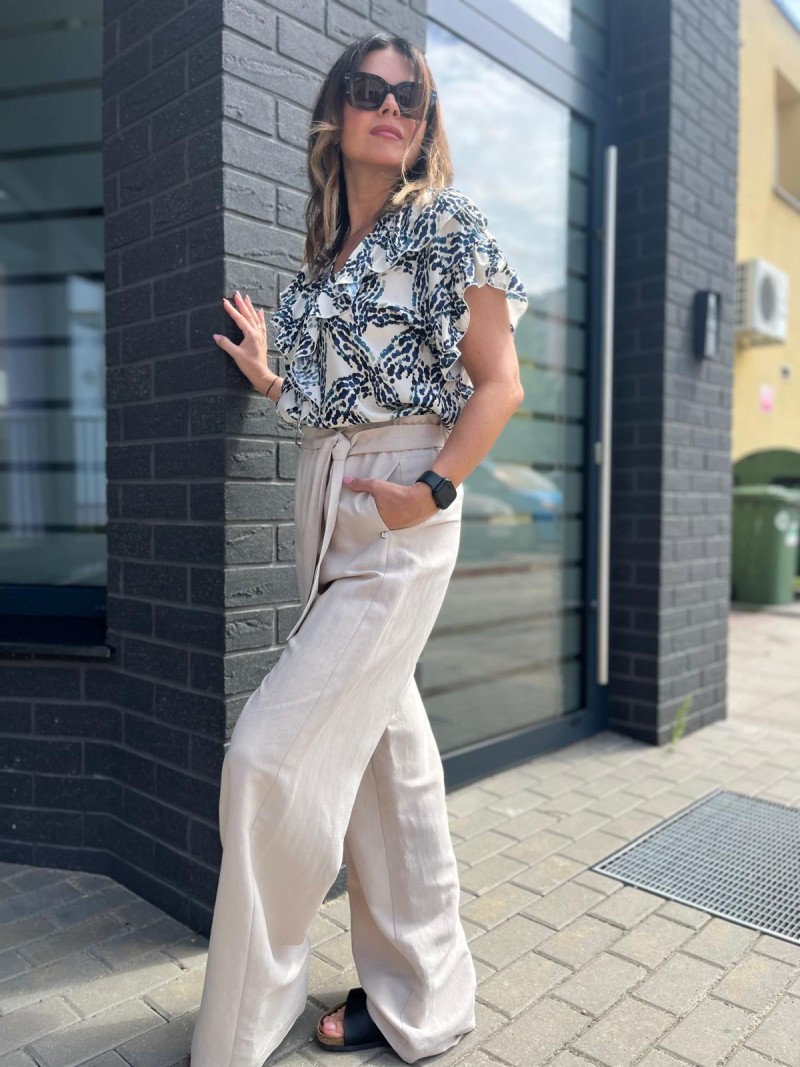 Miniatura produktu Beżowe Spodnie Culoty z prostą nogawką z wysokim stanem Light Beige&Len