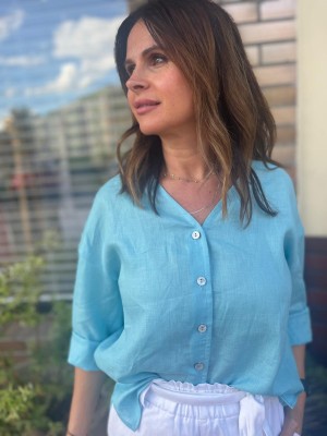 Wiskozowa Koszula z lnem i z dekoltem w szpic w odcieniu lazurowym Melia Lazur