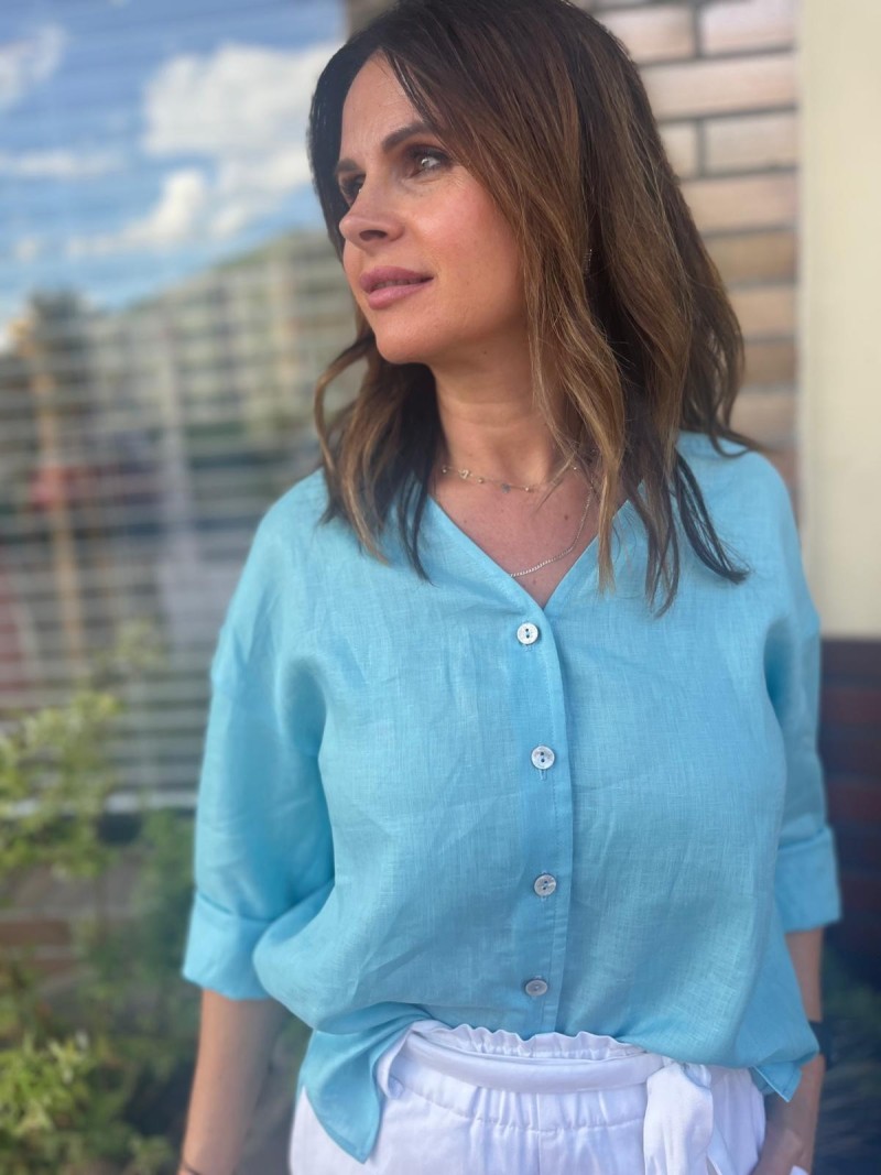 Miniatura produktu Wiskozowa Koszula z lnem i z dekoltem w szpic w odcieniu lazurowym Melia Lazur