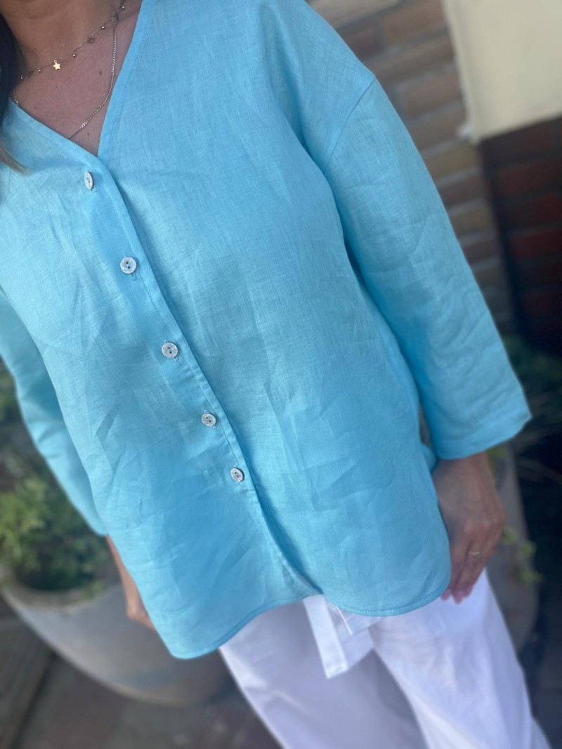 Miniatura produktu Wiskozowa Koszula z lnem i z dekoltem w szpic w odcieniu lazurowym Melia Lazur