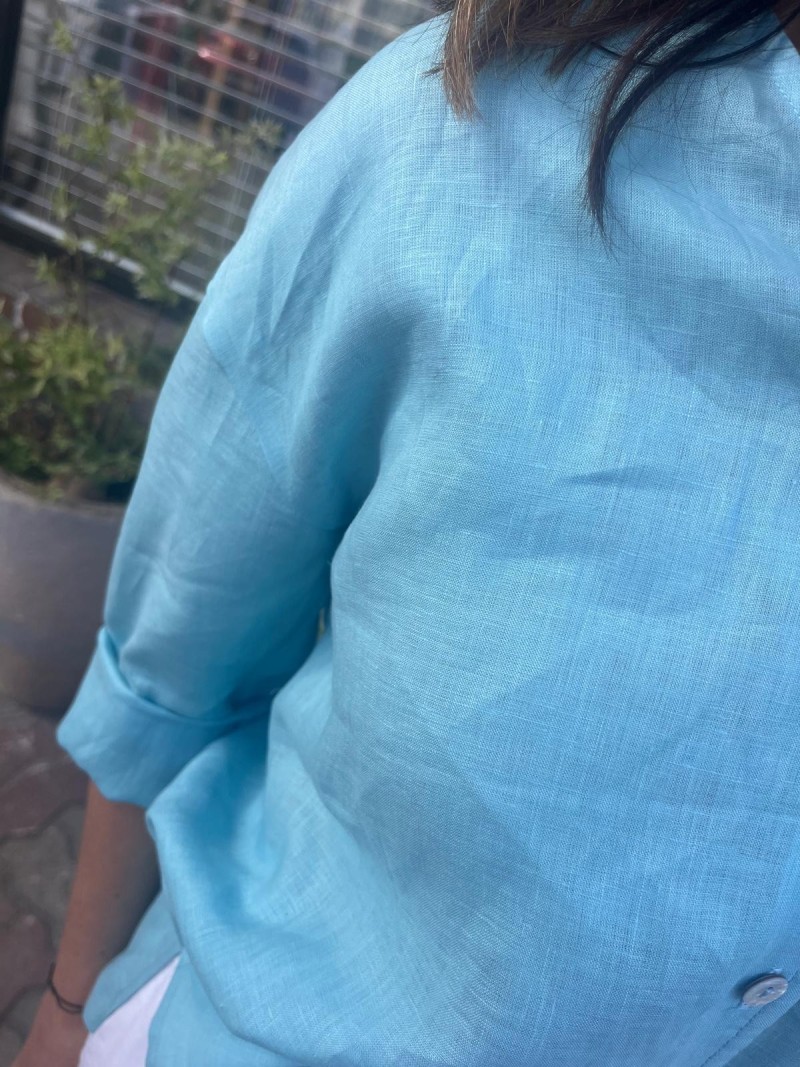 Miniatura produktu Wiskozowa Koszula z lnem i z dekoltem w szpic w odcieniu lazurowym Melia Lazur