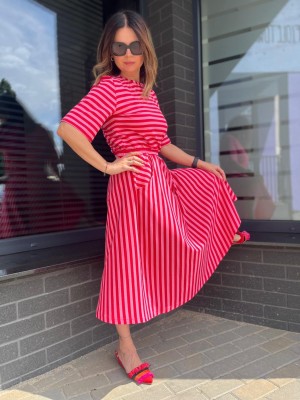Bawełniana Spódnica midi w czerwono-różowe paski Royal Red&Pink