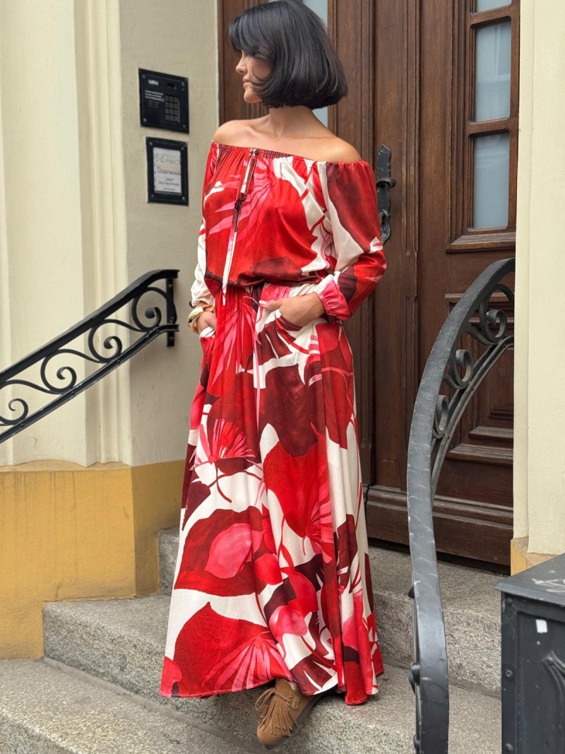 Miniatura produktu Czerwono- beżowa Sukienka Wiskozowa Maxi z rozcięciem i hiszpańskim dekoltem Cyian&Red