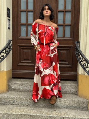 Czerwono- beżowa Sukienka Wiskozowa Maxi z rozcięciem i hiszpańskim dekoltem Cyian&Red