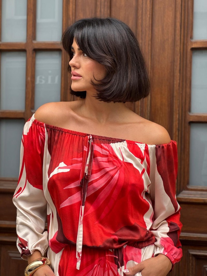 Miniatura produktu Czerwono- beżowa Sukienka Wiskozowa Maxi z rozcięciem i hiszpańskim dekoltem Cyian&Red