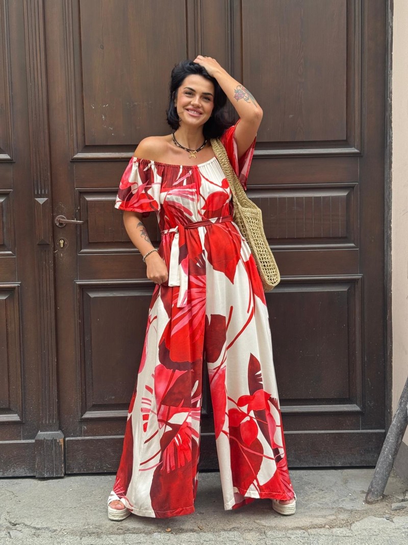 Miniatura produktu Beżowo-czerwony Kombinezon z wiskozy z wiązaną talią i hiszpańskim dekoltem Spain Cyian&Red