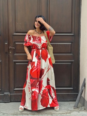 Beżowo-czerwony Kombinezon z wiskozy z wiązaną talią i hiszpańskim dekoltem Spain Cyian&Red