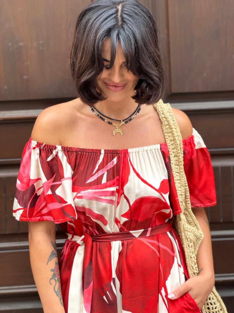 Miniatura produktu Beżowo-czerwony Kombinezon z wiskozy z wiązaną talią i hiszpańskim dekoltem Spain Cyian&Red