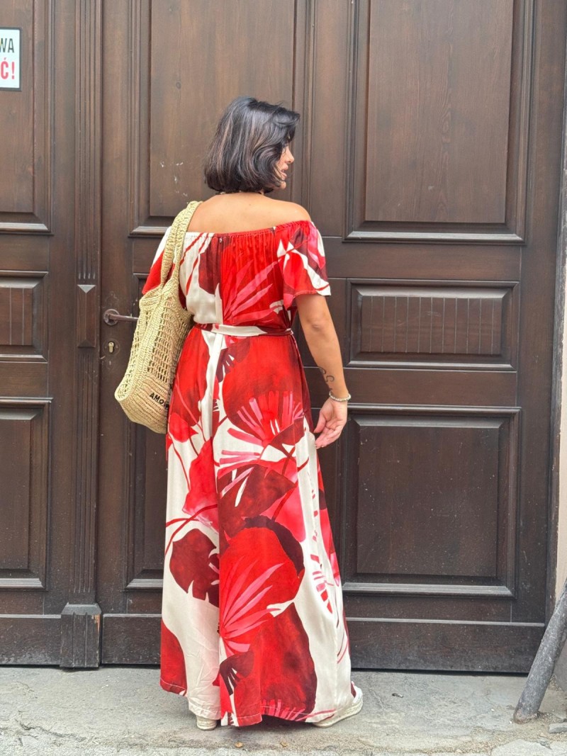 Miniatura produktu Beżowo-czerwony Kombinezon z wiskozy z wiązaną talią i hiszpańskim dekoltem Spain Cyian&Red