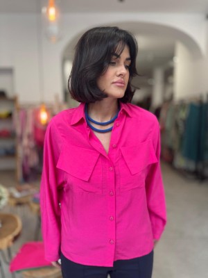 Fuksjowa Wiskozowa Koszula z lnem i kieszeniami Alessandro Len&Magenta
