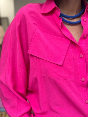 Fuksjowa Wiskozowa Koszula z lnem i kieszeniami Alessandro Len&Magenta