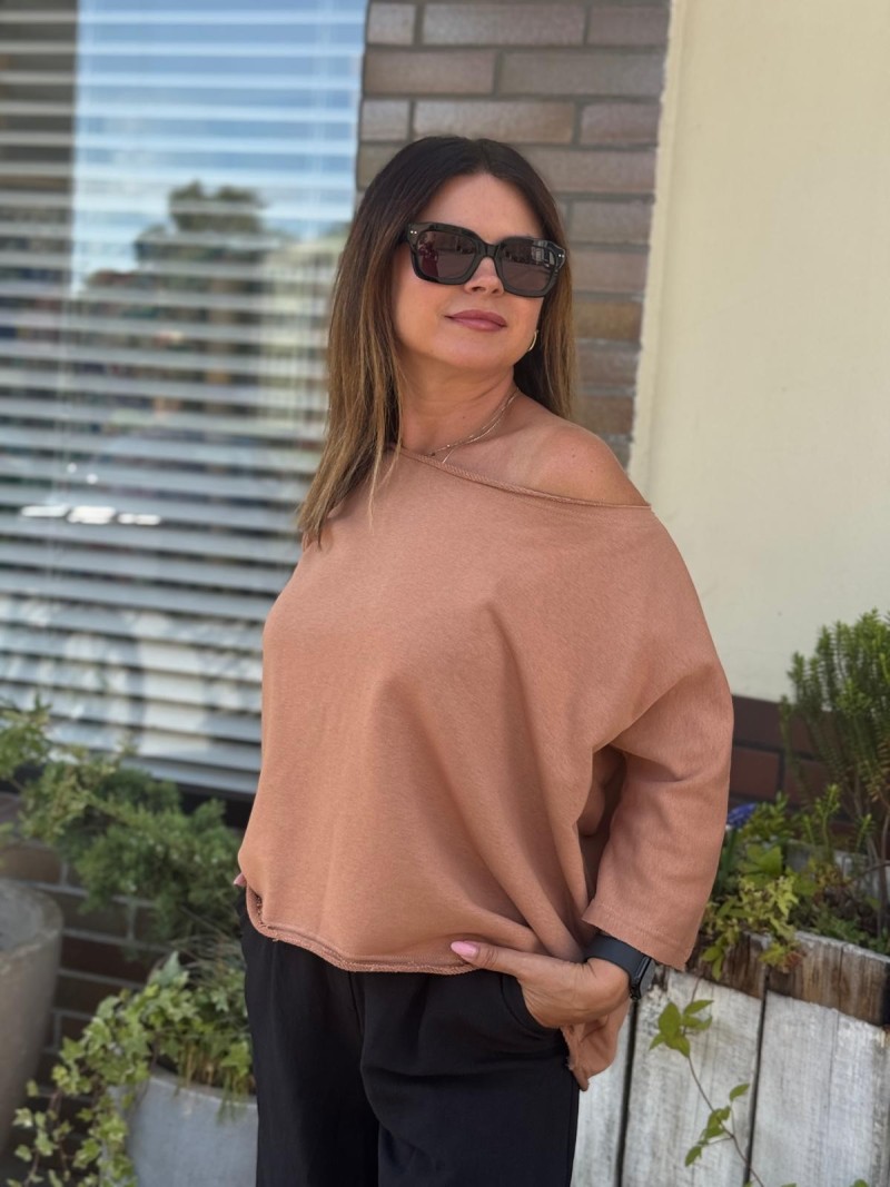 Miniatura produktu Bawełniana brązowa Bluza asymetryczna z rękawem 3/4 Pure Mokka Mousse