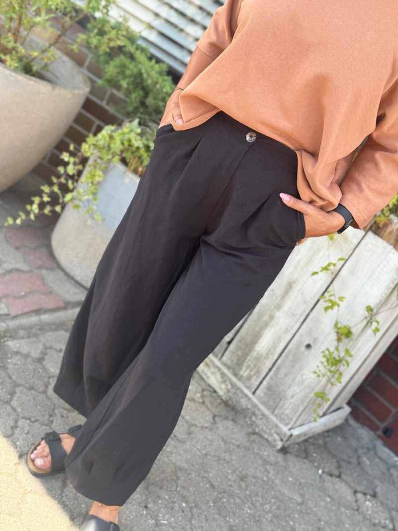 Miniatura produktu Czarne Spodnie wiskozowo-lniane z wysokim stanem i zwężaną nogawką Cargo Len & Black