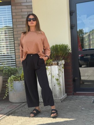 Czarne Spodnie wiskozowo-lniane z wysokim stanem i zwężaną nogawką Cargo Len & Black