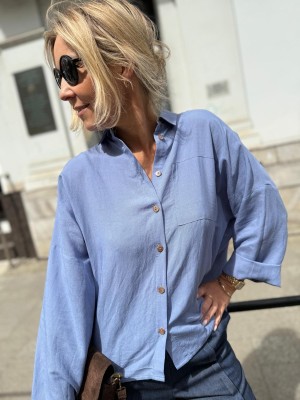 Niebieska Koszula z lnu i wiskozy o rękawach 3/4 Perla Len&Blue