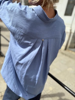 Niebieska Koszula z lnu i wiskozy o rękawach 3/4 Perla Len&Blue