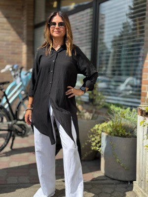 Czarna Koszula z wiskozy i lnu asymetryczna z ozdobnym tyłem Ocean Len&Black