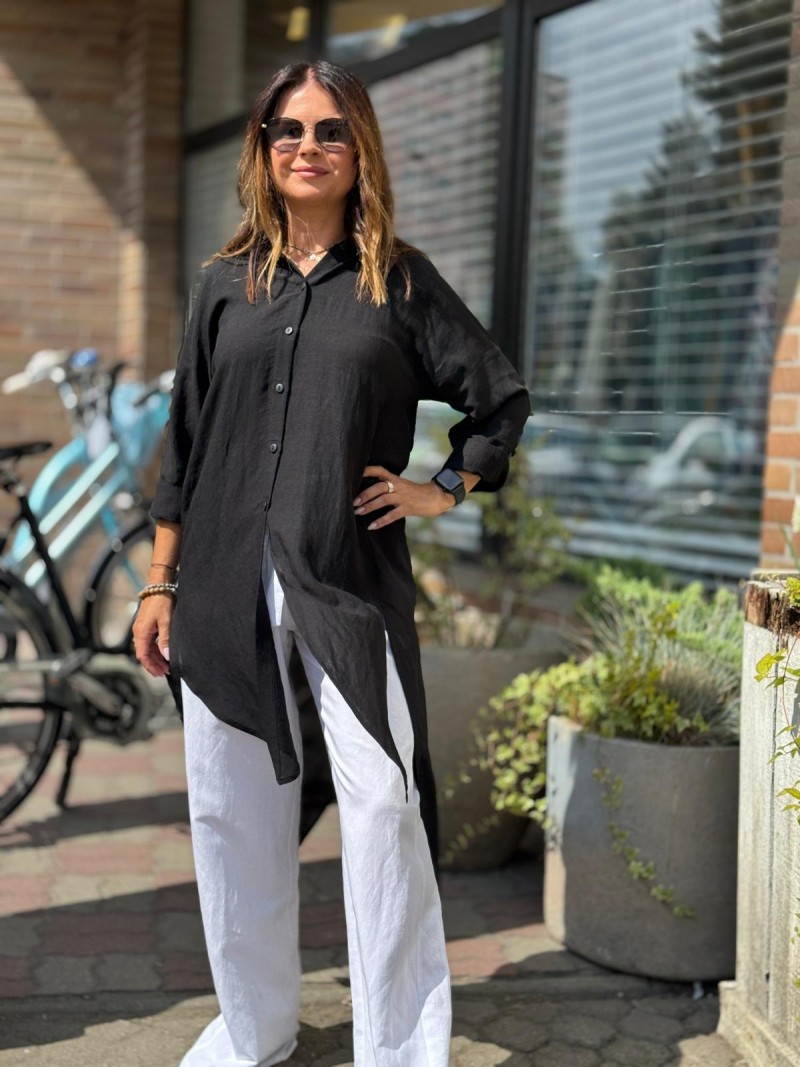 Miniatura produktu Czarna Koszula z wiskozy i lnu asymetryczna z ozdobnym tyłem Ocean Len&Black