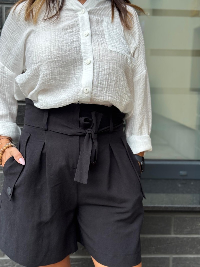 Miniatura produktu Wiskozowe Spodenki krótkie czarne z pasem w talii Paris Len&Black