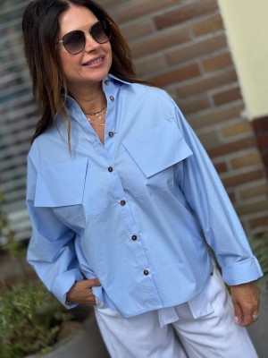 Niebieska Bawełniana Koszula z kieszeniami z klapami Alessandro Blue