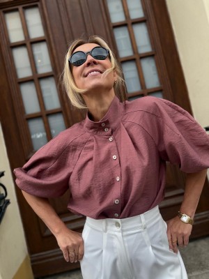 Bordowa Koszula Wiskozowa ze stójką z bufiastymi rękawami Ornella Marsala