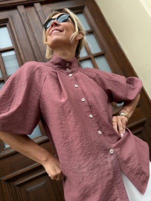 Bordowa Koszula Wiskozowa ze stójką z bufiastymi rękawami Ornella Marsala