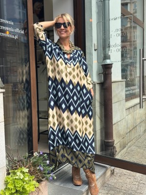Wiskozowa Sukienka Maxi o koszulowym kroju w geometryczny wzór Lilly Mexico&Blue