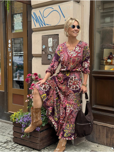 Wiskozowa Sukienka Maxi w orientalny wzór z falbanami Mystic