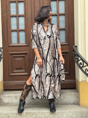 Wiskozowa Sukienka o wzorzystym koszulowym kroju z rękawami Lilly Animals