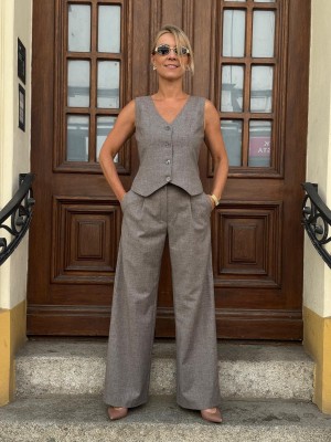 Szare Spodnie Wełniane z szerokimi nogawkami Caroline Preston Grey