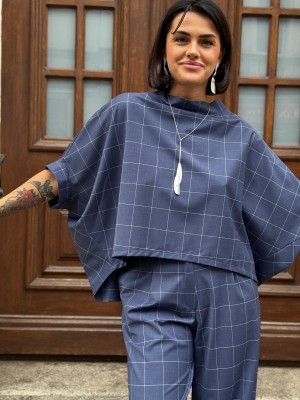 Asymetryczna niebieska Bluza wełniana o kroju kimono Butterfly Windowpane