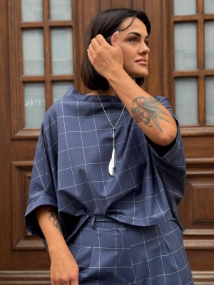 Asymetryczna niebieska Bluza wełniana o kroju kimono Butterfly Windowpane