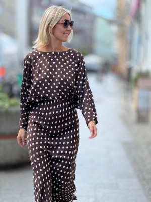 Wiskozowa brązowa Bluzka w groszki o kroju kimono z wiązaniem Xani Retro