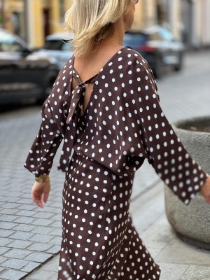 Wiskozowa brązowa Bluzka w groszki o kroju kimono z wiązaniem Xani Retro