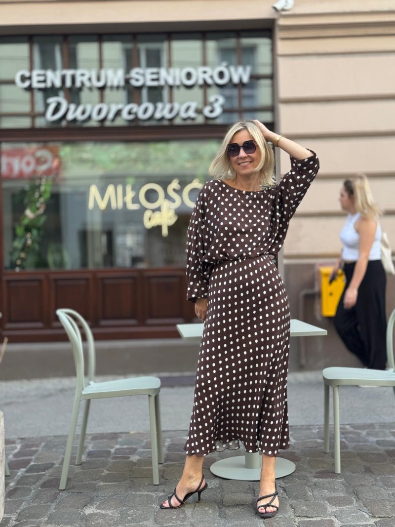 Miniatura produktu Wiskozowa brązowa Bluzka w groszki o kroju kimono z wiązaniem Xani Retro