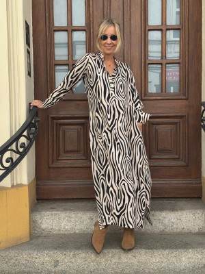 Wiskozowa Sukienka Maxi z długim rękawem i beżowo-czarnym wzorem Lilly Savana