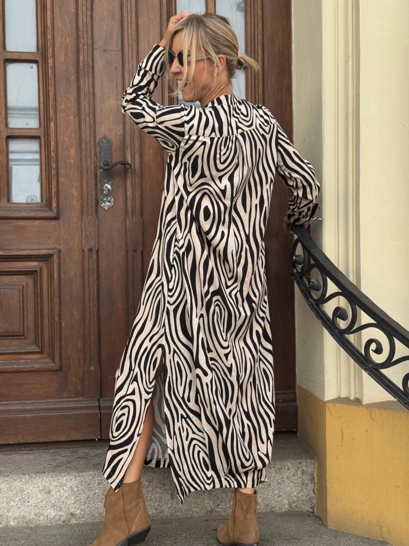 Miniatura produktu Wiskozowa Sukienka Maxi z długim rękawem i beżowo-czarnym wzorem Lilly Savana