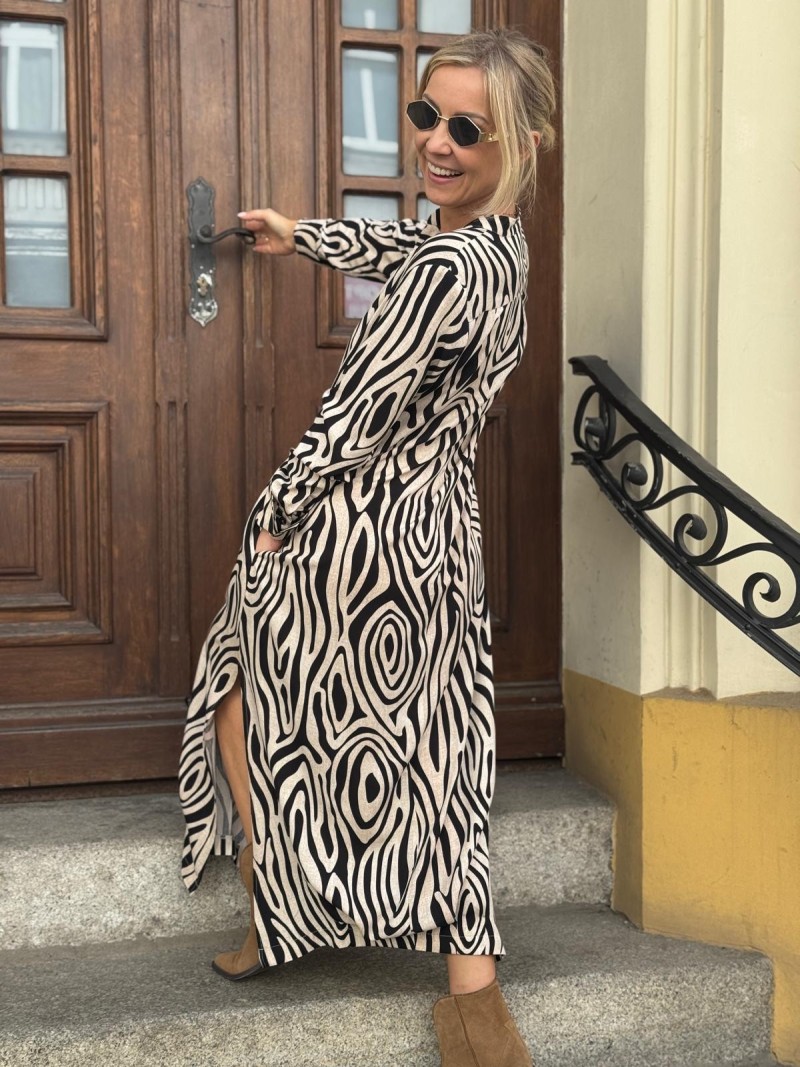 Miniatura produktu Wiskozowa Sukienka Maxi z długim rękawem i beżowo-czarnym wzorem Lilly Savana