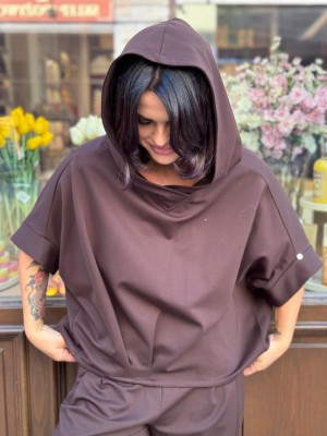 Brązowa Bluza asymetryczna z kapturem Flow Brown