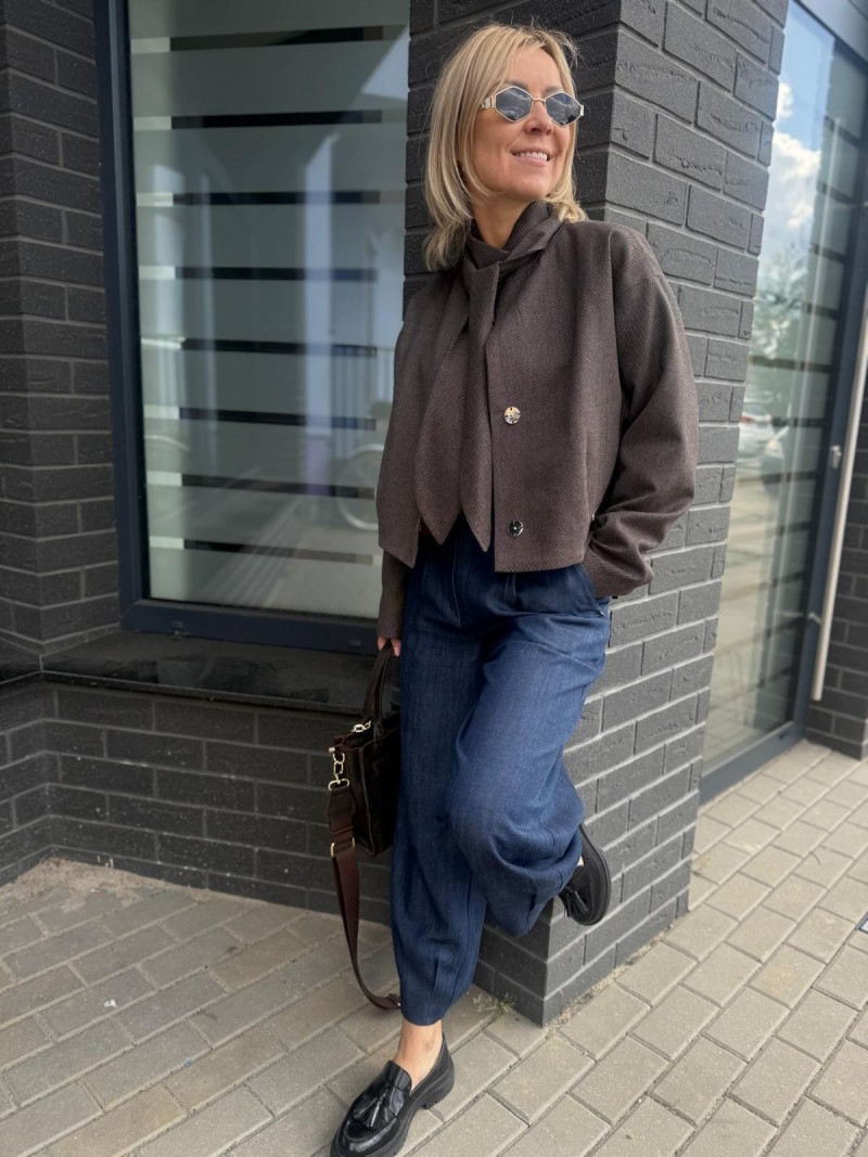 Miniatura produktu Brązowa Wełniana Kurtka ze stójką z wiązaniem Boxy&Wool