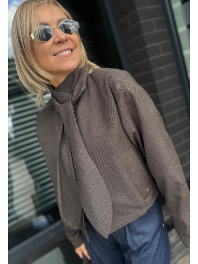 Brązowy wełniany płaszcz ze stójką z wiązaniem Boxy&Wool