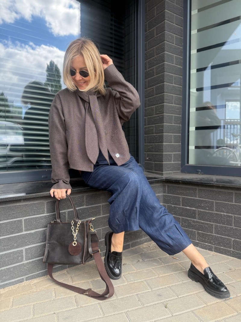 Miniatura produktu Brązowa Wełniana Kurtka ze stójką z wiązaniem Boxy&Wool