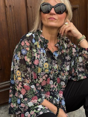 Luźna kwiatowa Koszula ze stójką i bufiastymi rękawami Sally Flowers