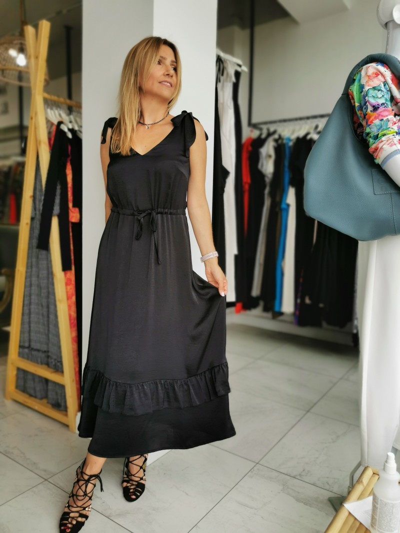 Miniatura produktu Czarna Sukienka maxi z wiązaniem w talii i falbanami Lisa Black